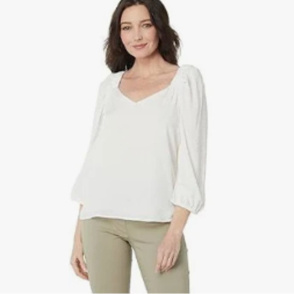 NWT VINCE CAMUTO Womens White Lined Vented Round Hem 3/4 Sleeve V Neck Top S